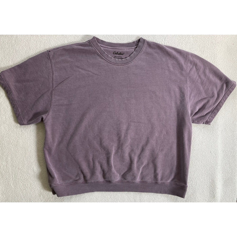 Cabelas Mens 2X-Large Short Sleeve Sweatshirt Purple Garment Dyed Cotton Retro